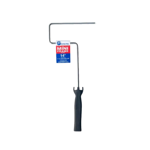 Paint mini roller frame with black handle and metal frame on a white background