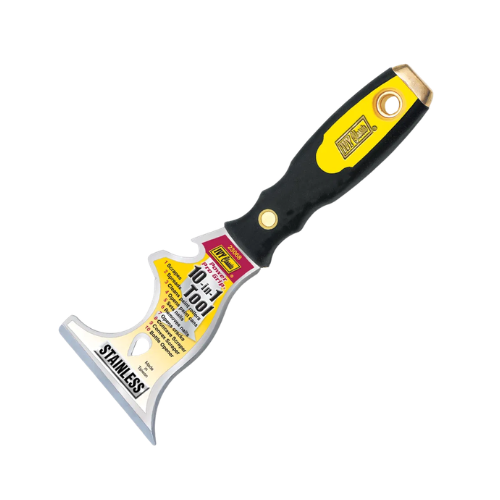 Stainless steel painting scraper tool with black handle and yellow accents on a white background